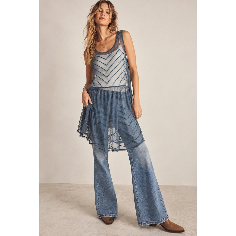 Free People Blue Sheer Beaded Mesh Overlay Mini Dress S Boho Art Deco Festival